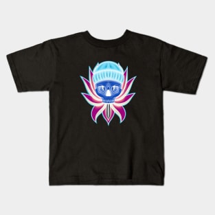 Blue and Pink Neon Skull with Hat in Lotus flower T-Shirt Kids T-Shirt